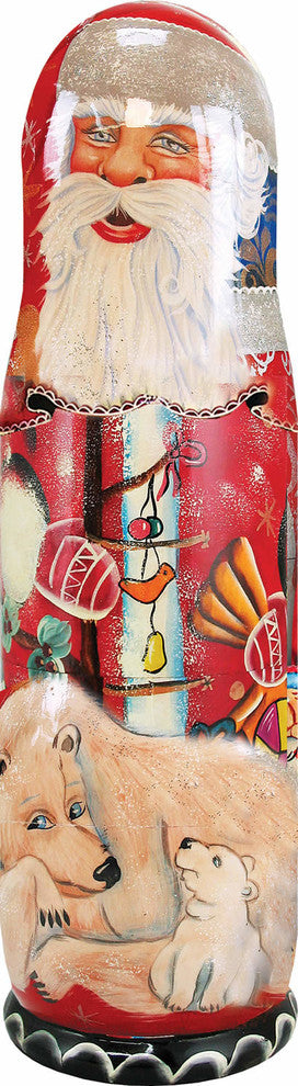 Wood Carved Russian Matreshka Santa Claus With Polar Bears Bottle Holder
