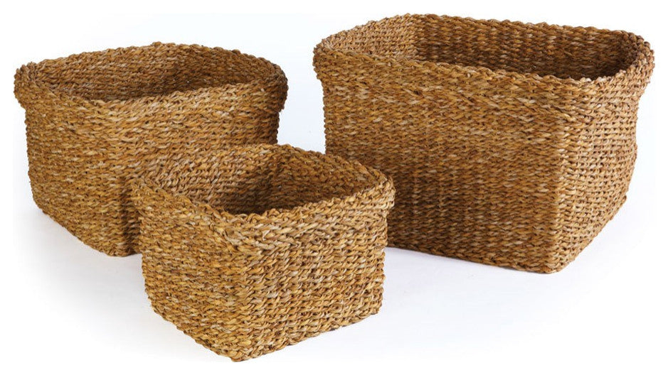 Set of 3 Woven Sea Grass Storage Baskets Square 17 14 11 in Natural Spa Towel