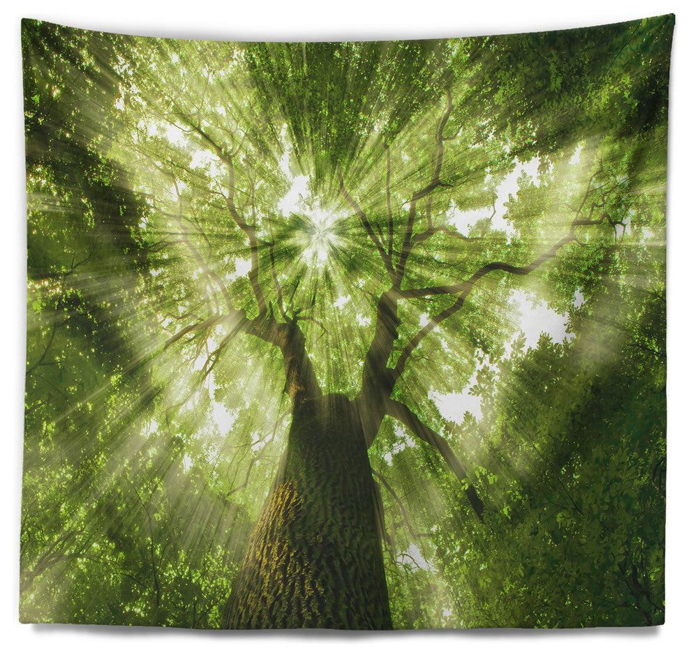 Sunlight Peeking through Green Tree Landscape Wall Tapestry, 39"x32"