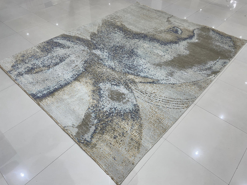 Hand-Knotted Wool Gray Silver Transitional Abstract Traditional Knot Rug, 7'10 X 10'