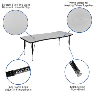 86" Oval Wave Activity Table Set with 14" Student Stack Chairs, Grey