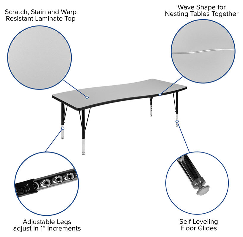 86" Oval Wave Activity Table Set with 14" Student Stack Chairs, Grey