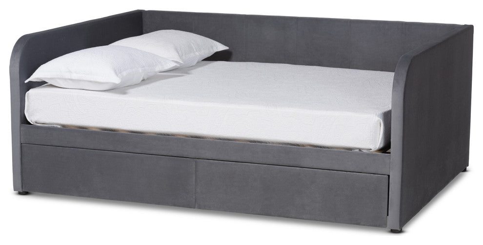 Basanti Grey Velvet Fabric Upholstered Full Size 2-Drawer Daybed