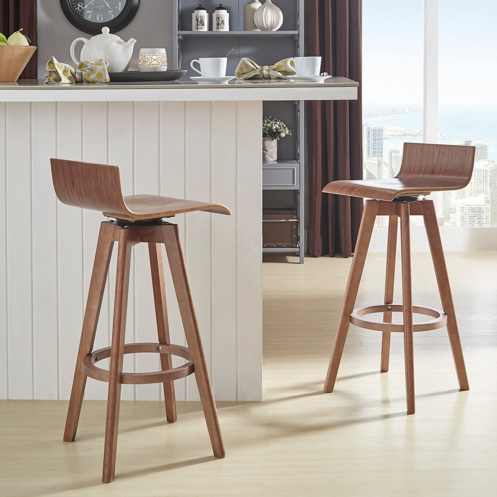 Tori, Mid-Century Modern Swivel Stool, Set of 2, Walnut, 29"