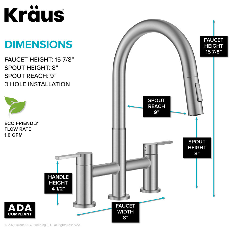 KRAUS Oletto 2-Function Pulldown 3-Hole Bridge Kitchen Faucet, Spot Free SS