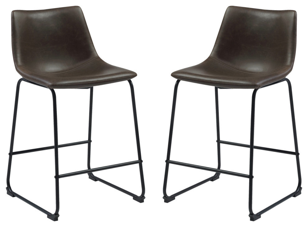 Set of 2 Faux Leather Counter Height Stools, Brown and Black