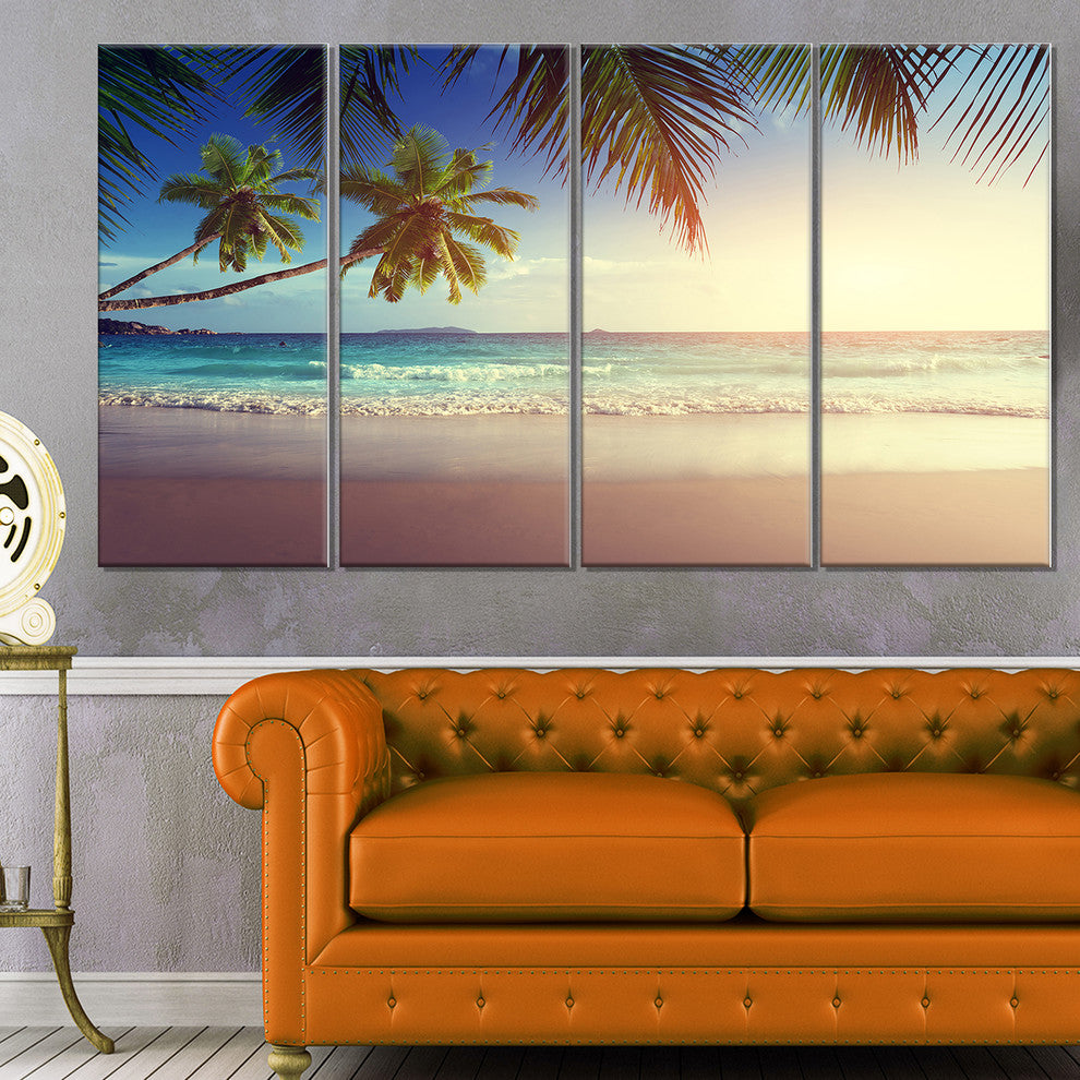 "Typical Sunset On Seychelles Beach" Seascape Art Canvas, 4 Panels, 48"x28"