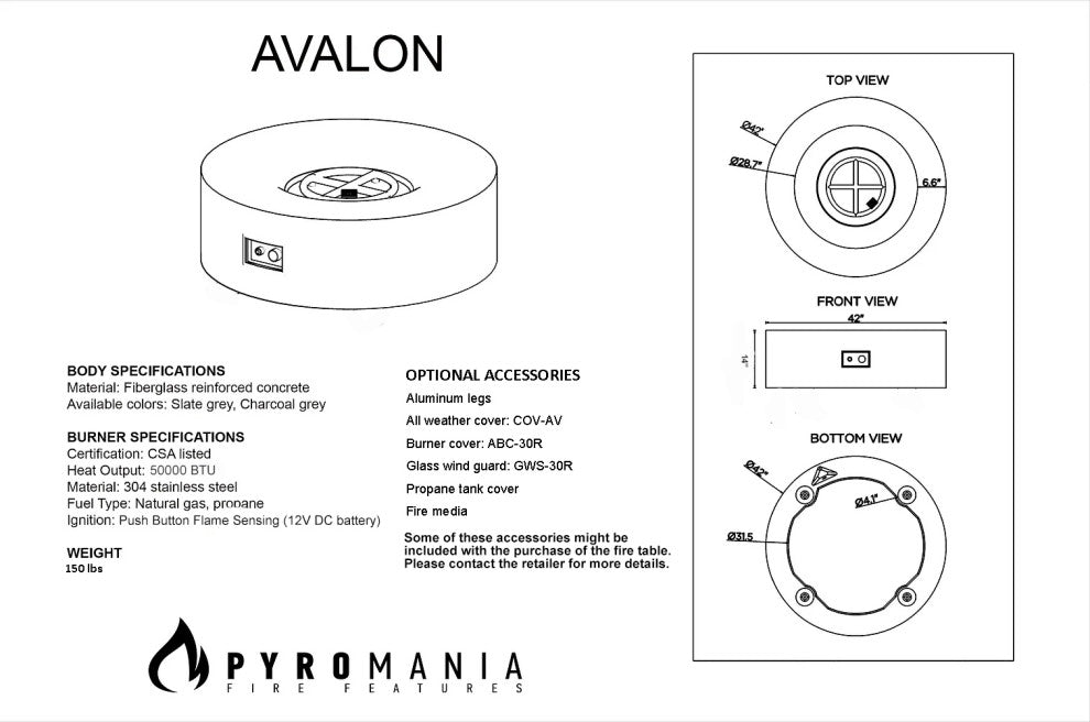Pyromania Avalon Concrete Round Fire Table, 42", Slate, Natural Gas