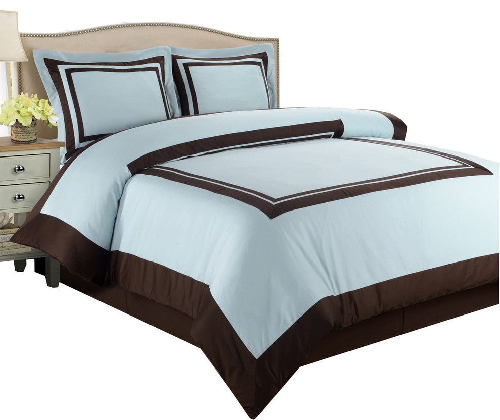 Hotel 100% Cotton Duvet Cover Set, Blue and Chocolate, Full/Queen
