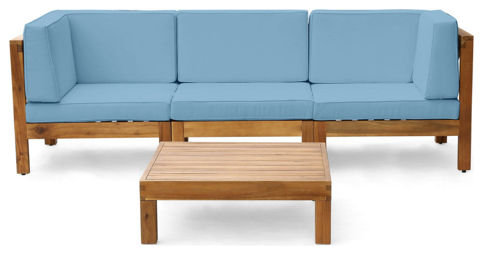 4 Pieces Patio Set, Cushioned Sectional Sofa & Table, Teak/Blue