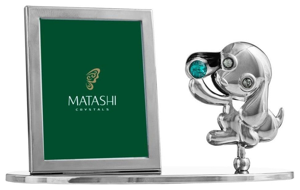2018 Year of the Dog Chrome Plated Silver Puppy Picture Frame w/ Green Crystal