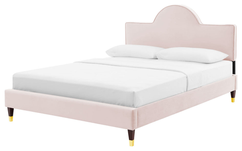 Platform Bed Frame, Queen Size, Pink, Velvet, Modern, Bedroom Guest Suite