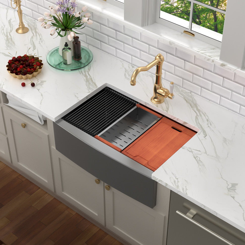 Farmhouse Apron T-304 Stainless Steel Deep Basin Kitchen Sink, Gunmetal Black, 30x22x10 in