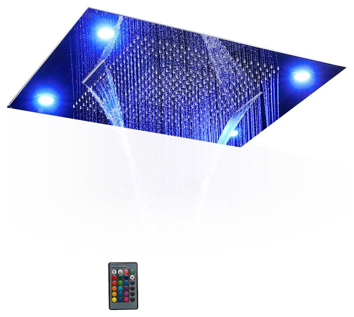 LED 20"x14in Rainfall Shower System With Handheld Shower and 6 Body Jets, Black