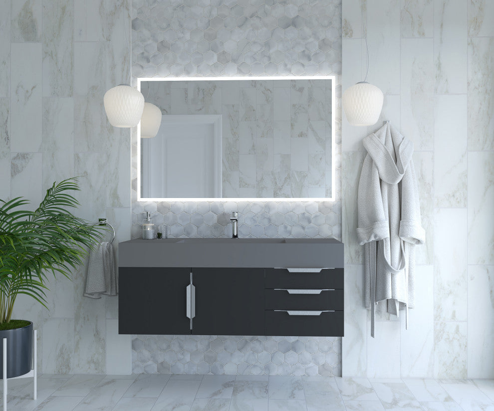 CastelloUSA Amazon 48" Wall Mounted Vanity Set, Black, Gray Top, Chrome Handles