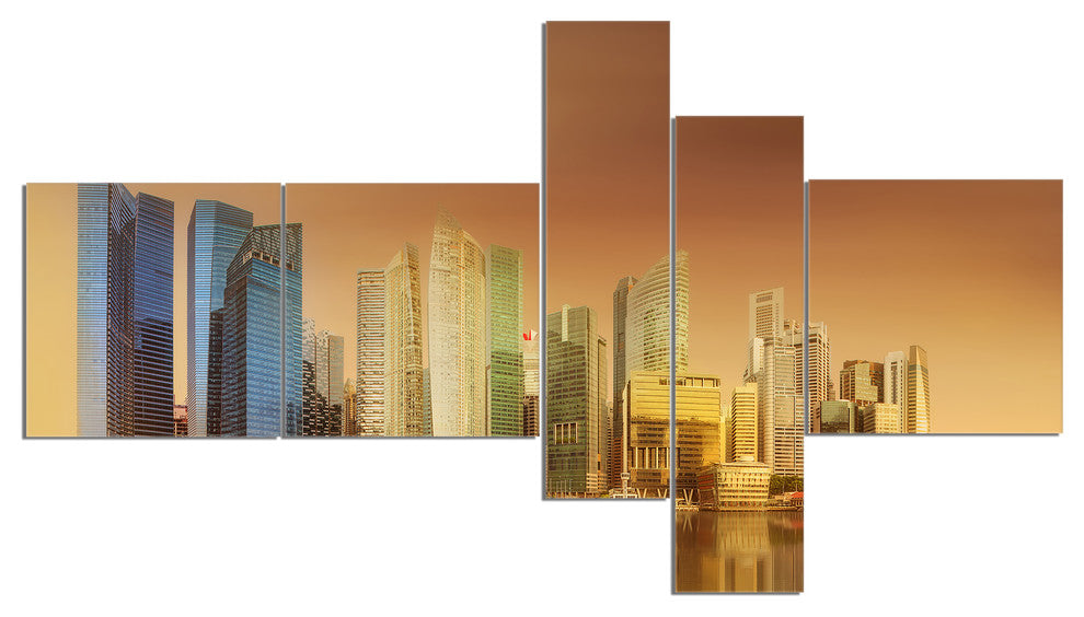 Singapore Skyline under Brown Sky, Cityscape Canvas Art Print, 60"x32", 5 panels