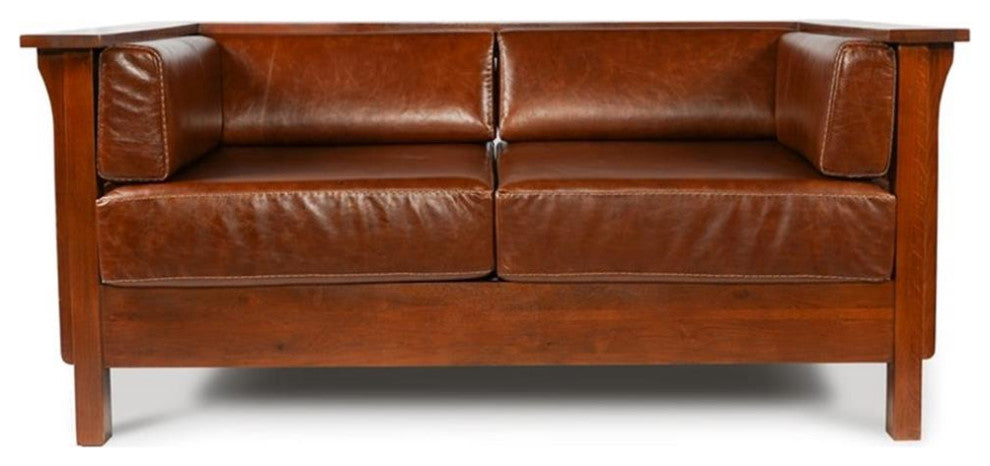 Arts and Crafts / Craftsman Cubic Slat Side Love Seat - Chestnut Brown Leather