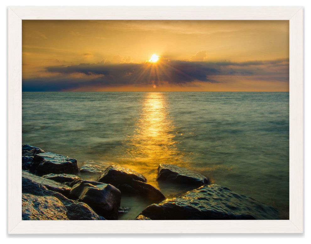 Sun Ray on the Water Coastal Landscape Framed Photo Paper Wall Art Print, White, 8" X 10"