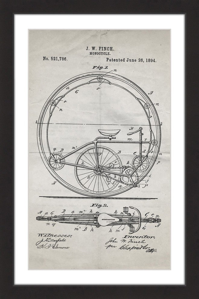"Monocycle 1894 Old Paper" Framed Painting Print