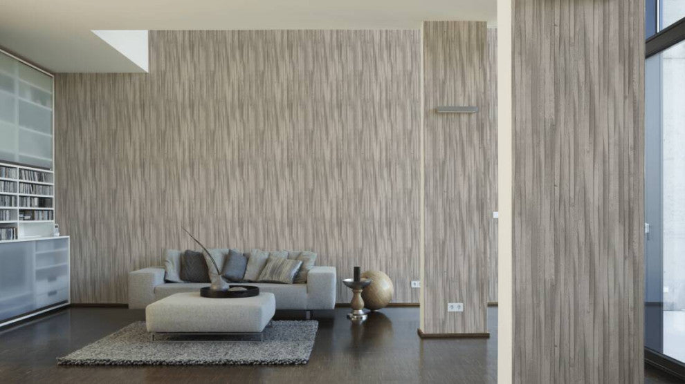 Loft Nature Textured Wallpaper Featuring Wooden Beam, Beige Gray, Sample