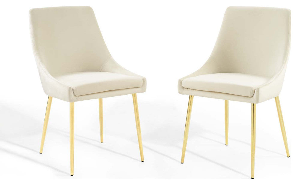 Side Dining Chair, Set of 2, Velvet, Metal, Gold Ivory White, Modern, Bistro