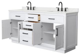 Beckett TK 72" White Double Vanity, Giotto Quartz Top, 3-Hole, Black Trim