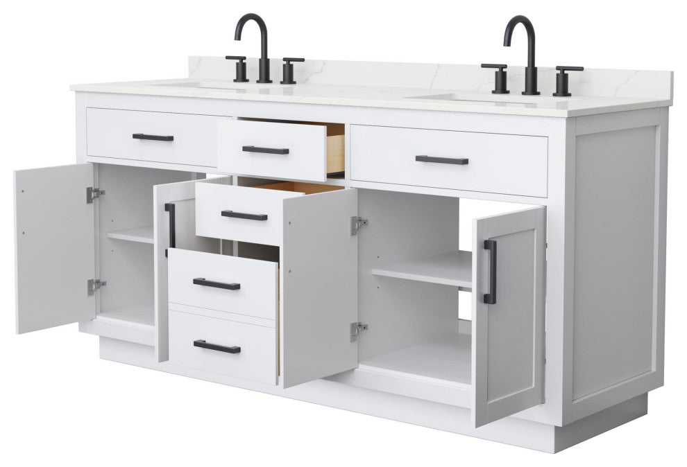 Beckett TK 72" White Double Vanity, Giotto Quartz Top, 3-Hole, Black Trim
