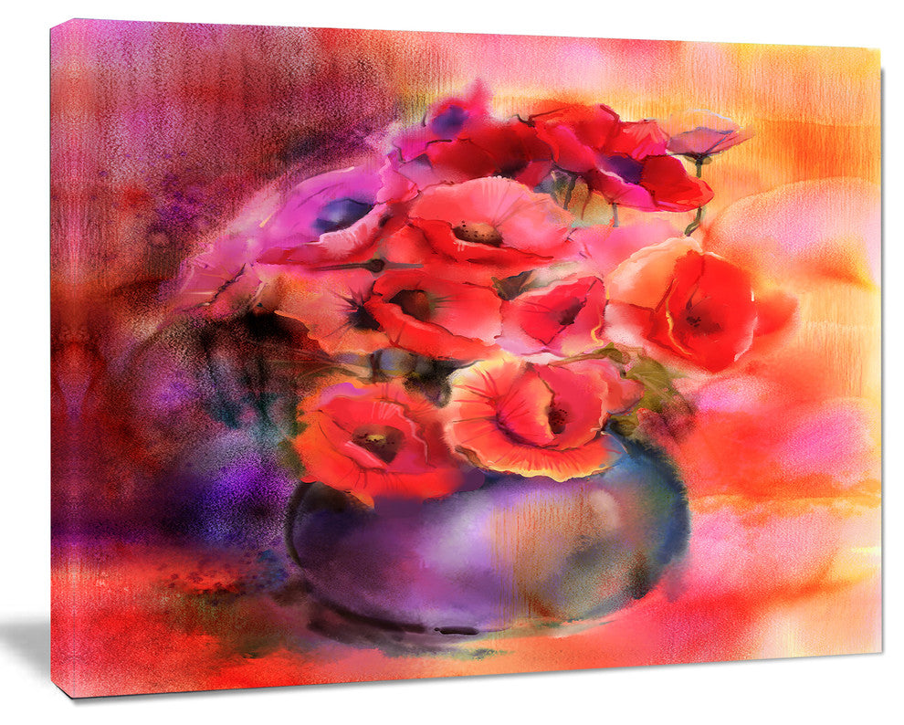 Bouquet Of Cute Poppies in Vase, Large Floral Canvas Art Print, 20"x12"