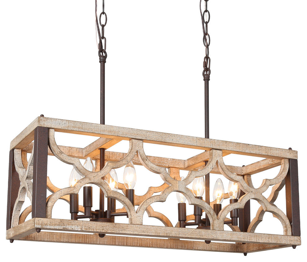 LNC 8-Light Distressed Wood 27.5" Chandelier, Rectangle, Farmhouse