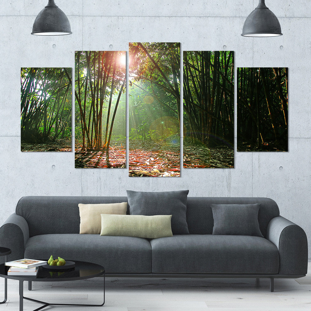 Amazing Green Forest at Sunset, Landscape Canvas Art Print, 60"x32", 5 Panels