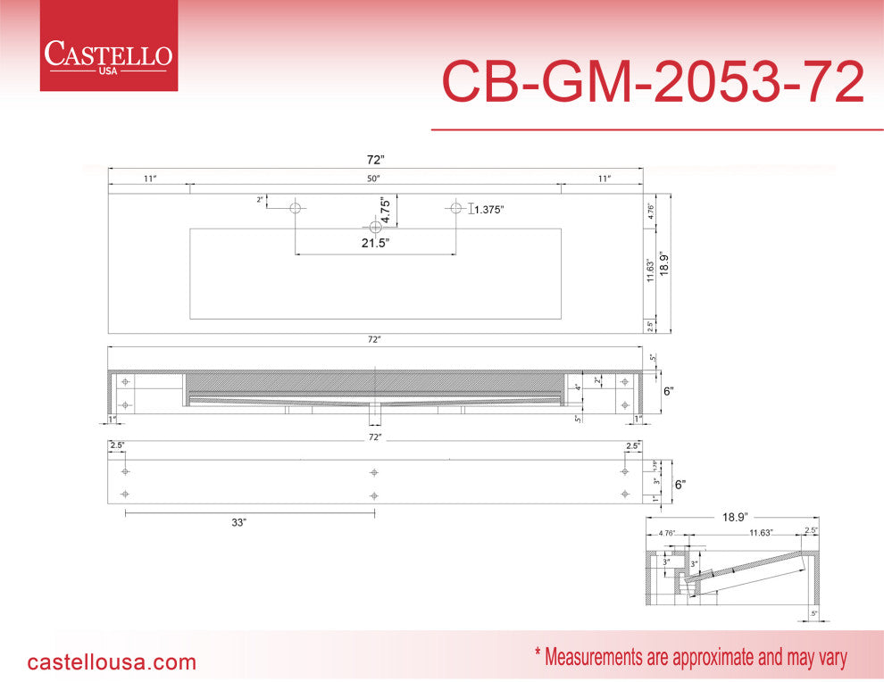 CastelloUSA Pyramid Solid Surface Wall Mounted Ramp Basin Sink, Black, 72", Standard