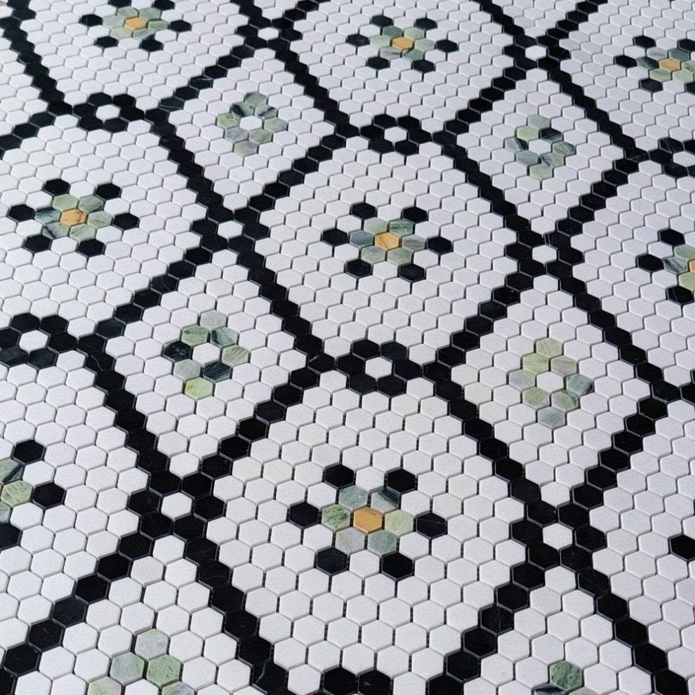 Thassos White Marble Hexagon Historic Snowflake Mosaic Tile Green, 1 sheet
