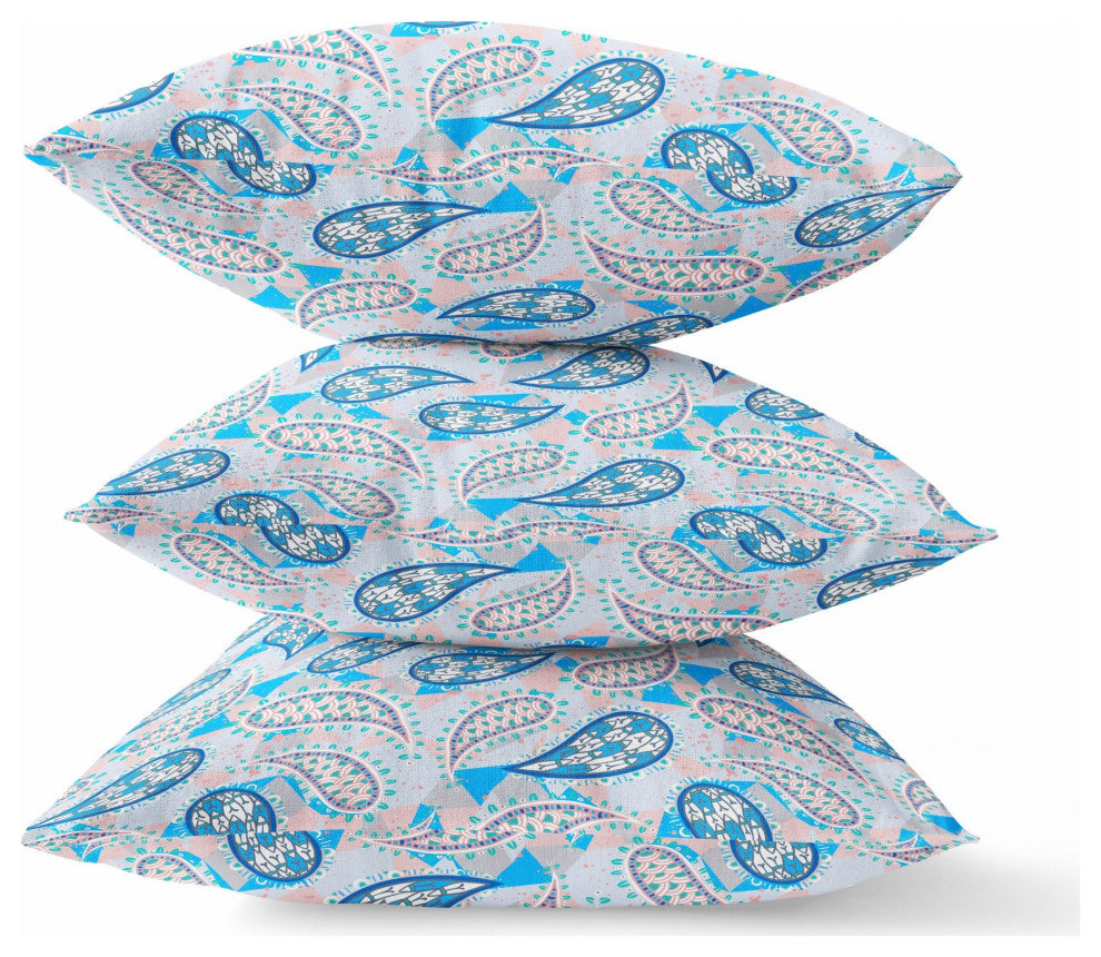 26" Blue Peach Boho Paisley Indoor Outdoor Throw Pillow