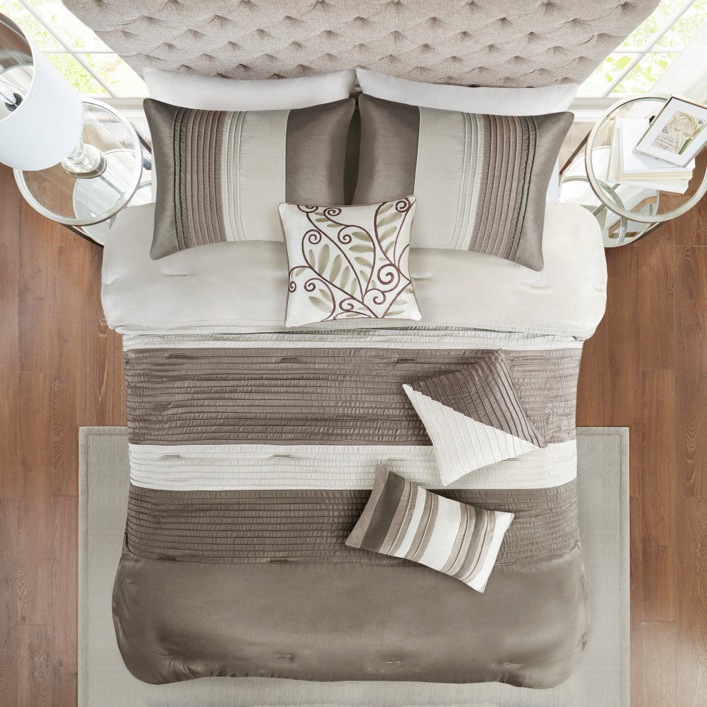 Madison Park Polyoni-Pieced And Pleated 7-Piece Comforter Set, Khaki
