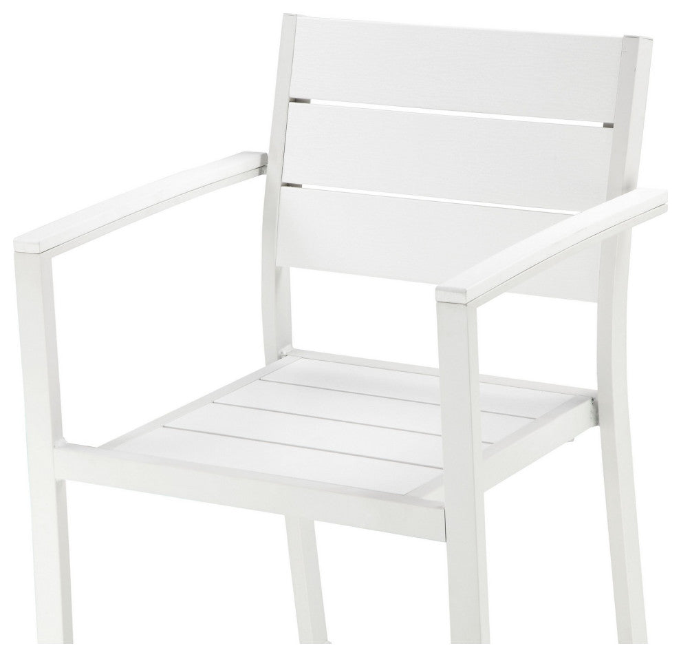 Benzara BM287839 Outdoor Dining Table, Chairs Set, White, Plank Seat and Backs