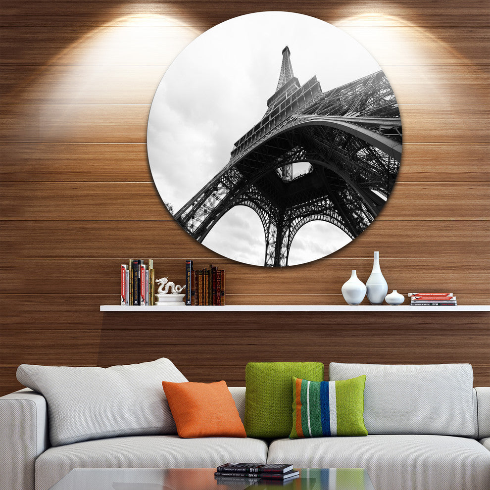 Paris Eiffel Tower Black And White Side View, Disc Metal Artwork, 36"