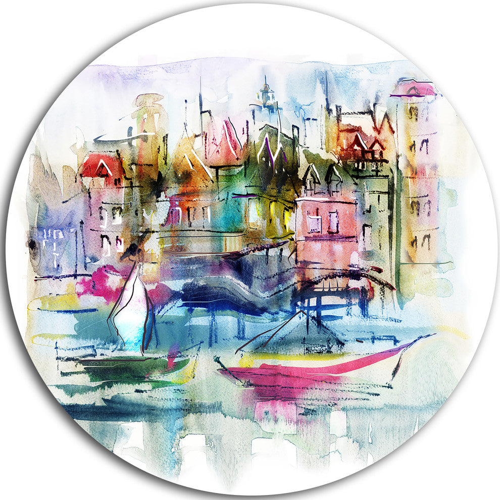 Houses And Boats, Abstract Landscape Large Disc Metal Wall Art, 11"