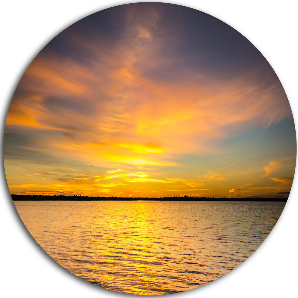 Yellow Sunrise Light Hitting Waters, Seashore Round Metal Wall Art, 36"