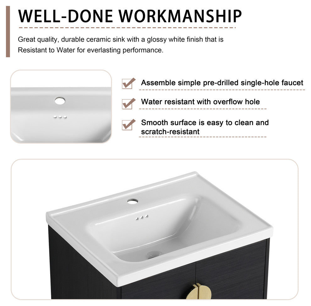 24" Plywood Wall Mounted Bath Vanity Set, Black, Ceramic Basin