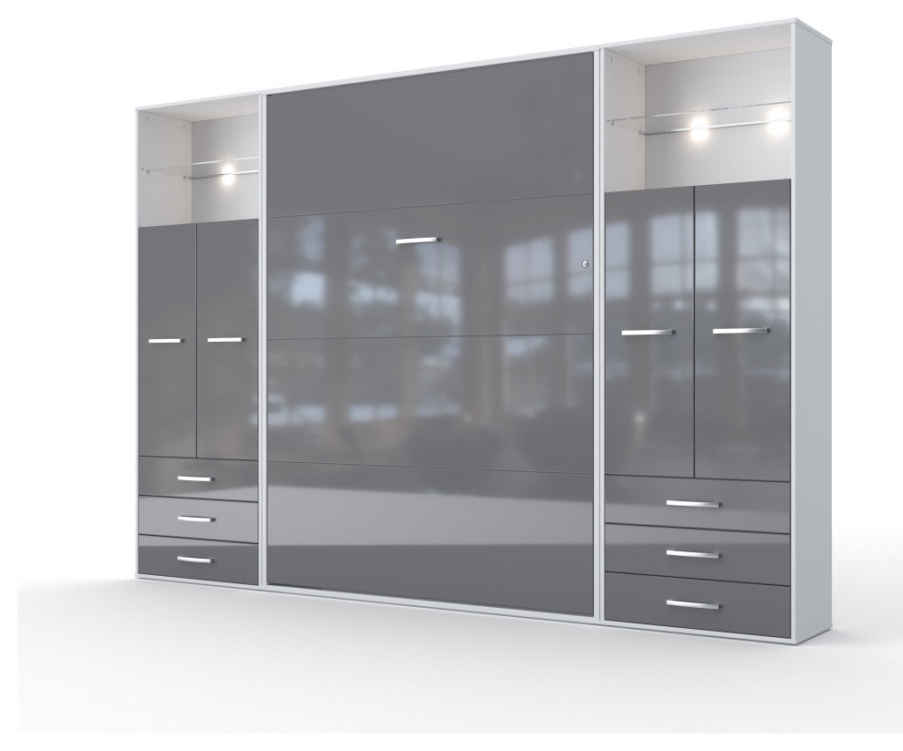 Contempo Vertical Wall Bed, European Twin Size with 2 cabinets, White/Grey