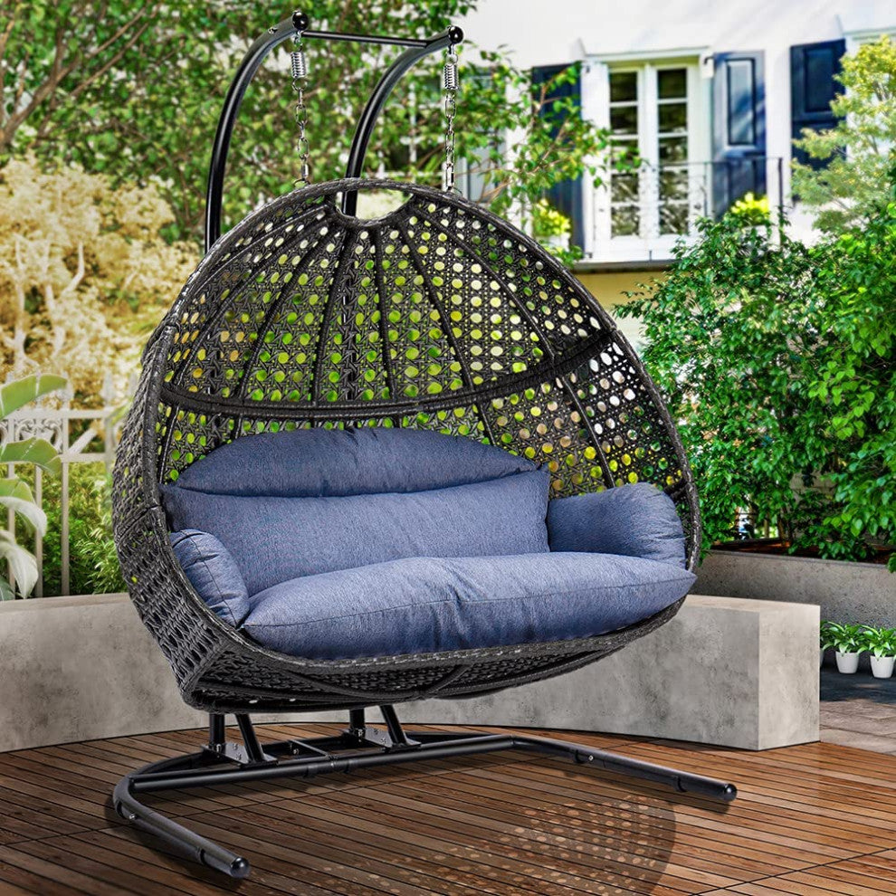 2 Person Hanging Loveseat Swing Chair with Stand - X-Large Wicker Rattan Frame