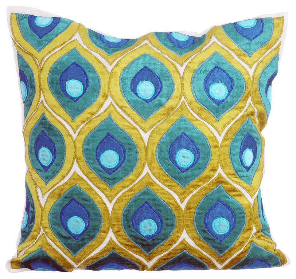 Green Decorative Euro shams 26"x26" Velvet, Art Deco Peacock