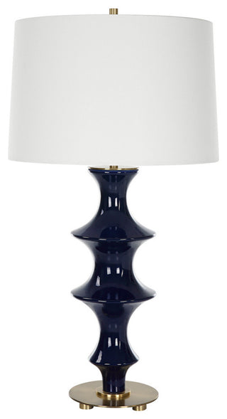 Modern Ridged Cobalt Blue Ceramic Table Lamp 29 in Fluted Chinoiserie Style