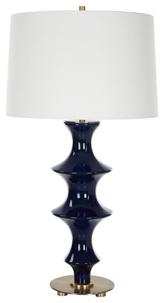 Modern Ridged Cobalt Blue Ceramic Table Lamp 29 in Fluted Chinoiserie Style