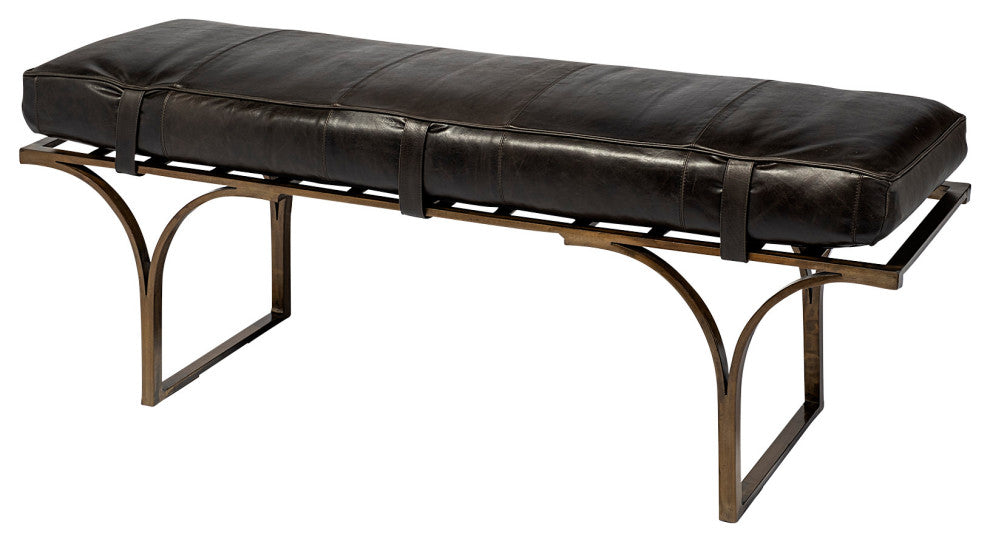 Jessie Black Genuine Leather Seat w/ Gold Iron Base Accent Bench