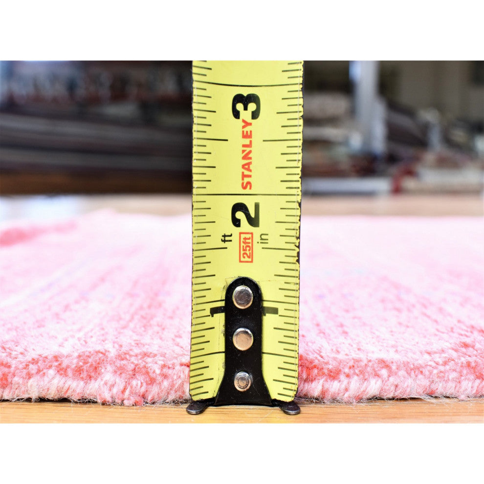 Pink, Modern Grass Design, Wool and Silk Hand Loomed XL Runner Rug, 2'6"x17'9"
