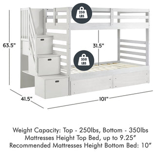 My Bed Now Everest Twin-over-Twin 2-Drawer Wood Bunk Bed w/ Staircase in White
