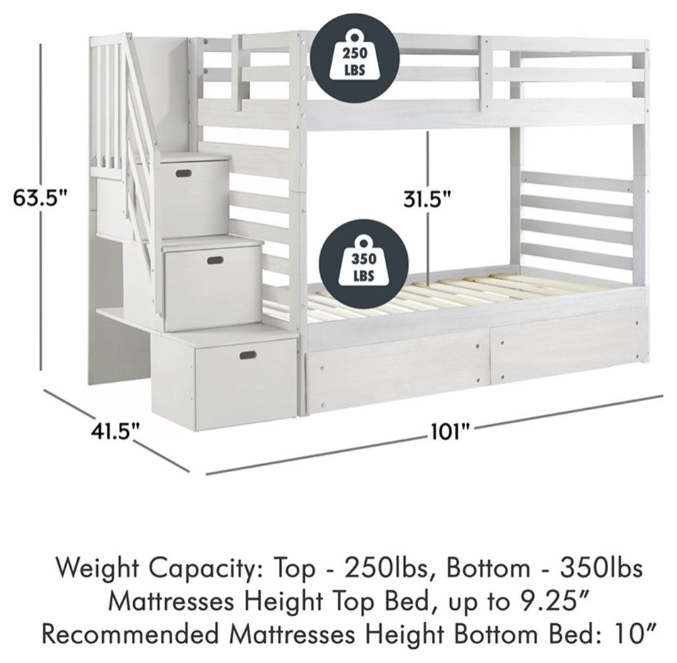My Bed Now Everest Twin-over-Twin 2-Drawer Wood Bunk Bed w/ Staircase in White