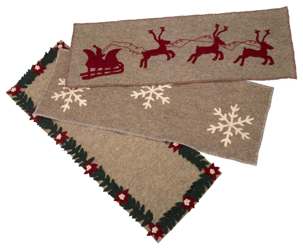 Handmade Gray Hand Felted Wool Table Runner with Reindeer and Sleigh, 16x44