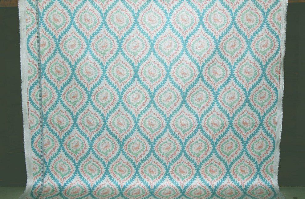 Pink Seashell Fabric Coral Green Blue Ocean Trellis Upholstery Material, Sample